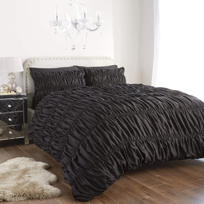 Ruched Ruffles Cotton Rich Luxurious Duvet Set Elegant Bedroom Décor Comfortable Bedding Multiple Sizes and Colours OEKO-TEX Certified by OLIVIA ROCCO SINGLE / BLACK Duvet Cover