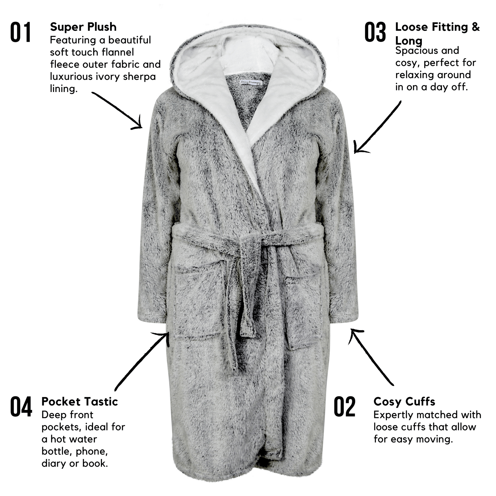 Shimmer Grey Plush Fleece Hooded Robe Dressing Gown With Reversible Sherpa Lining Daisy Dreamer Dressing Gown