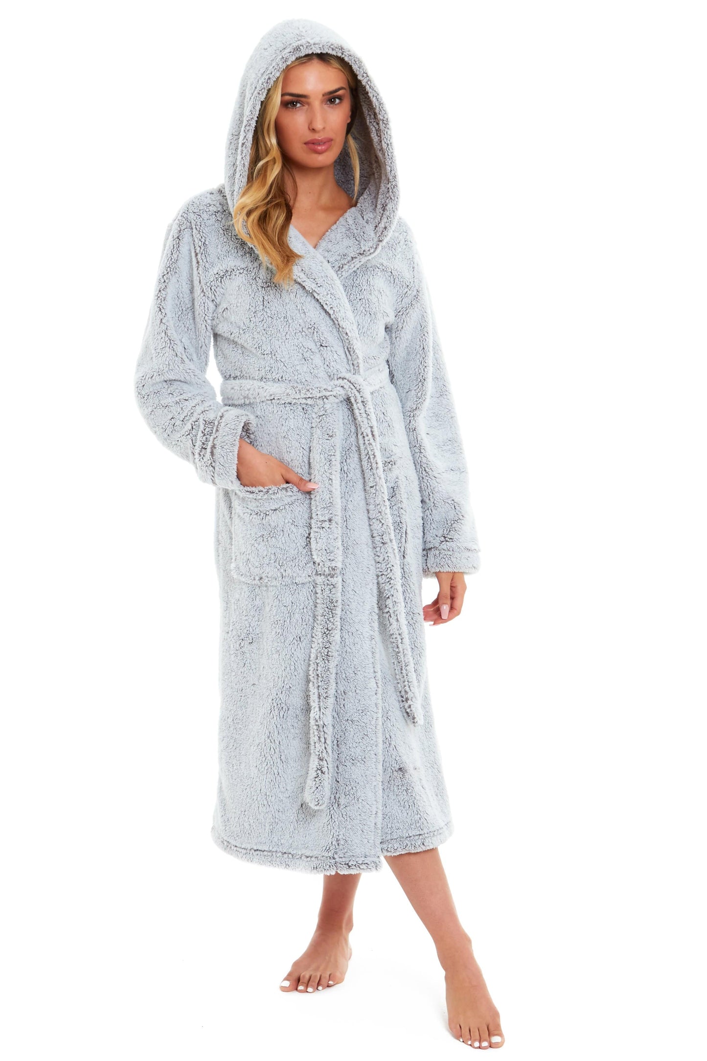 Shimmer Grey Snuggle Velvet Touch Fleece Hooded Robe Dressing Gown Daisy Dreamer Dressing Gown