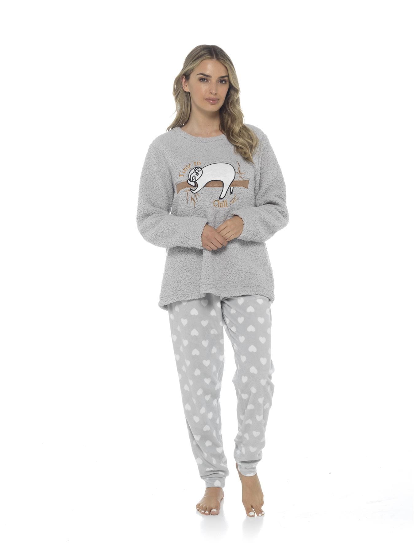 Women's Sloth Snuggle Teddy Fleece Pyjama Set, Ladies Cosy Nightwear