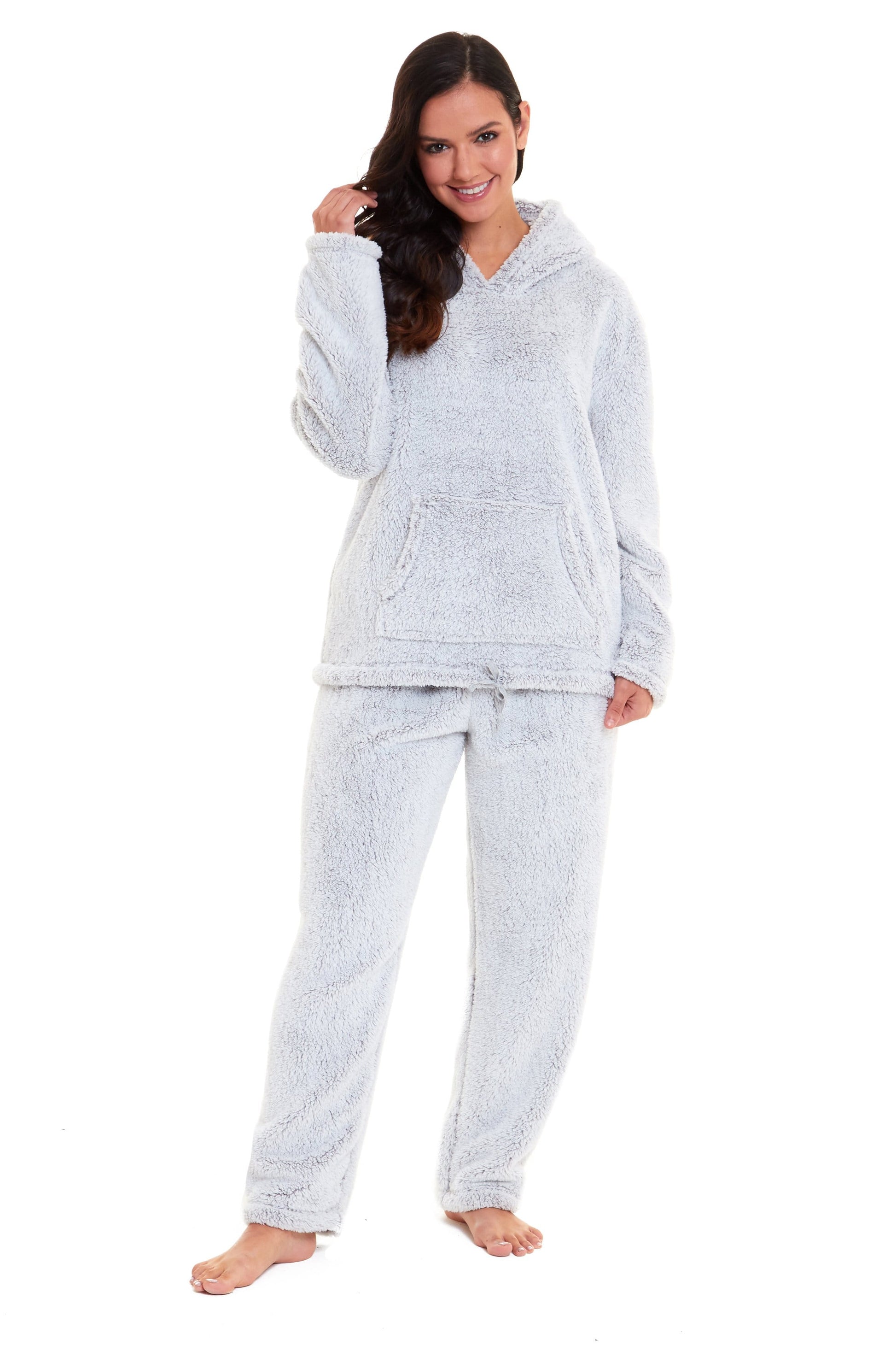 Women's Soft Grey Plush Fleece Hooded Pyjama Set, Ladies