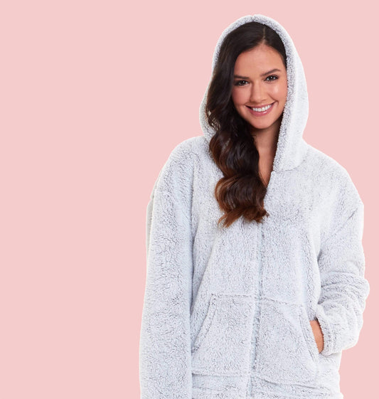 Soft Grey Plush Fleece Hooded Pyjama Set with Zipped Front for Winter Loungewear Ultra-Warm Teddy Fabric Sleepwear Multiple Sizes by Daisy Dreamer SMALL | UK 8-10 Pyjamas