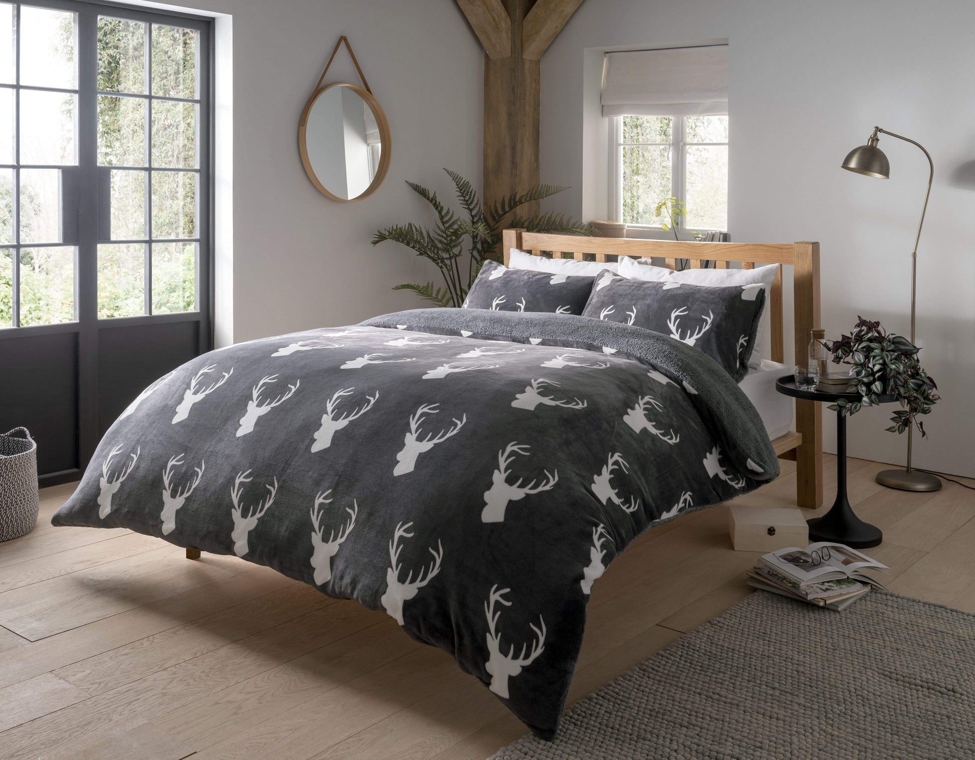 Olivia Rocco Teddy King Size Duvet Set Checked Grey Teddy Fleece