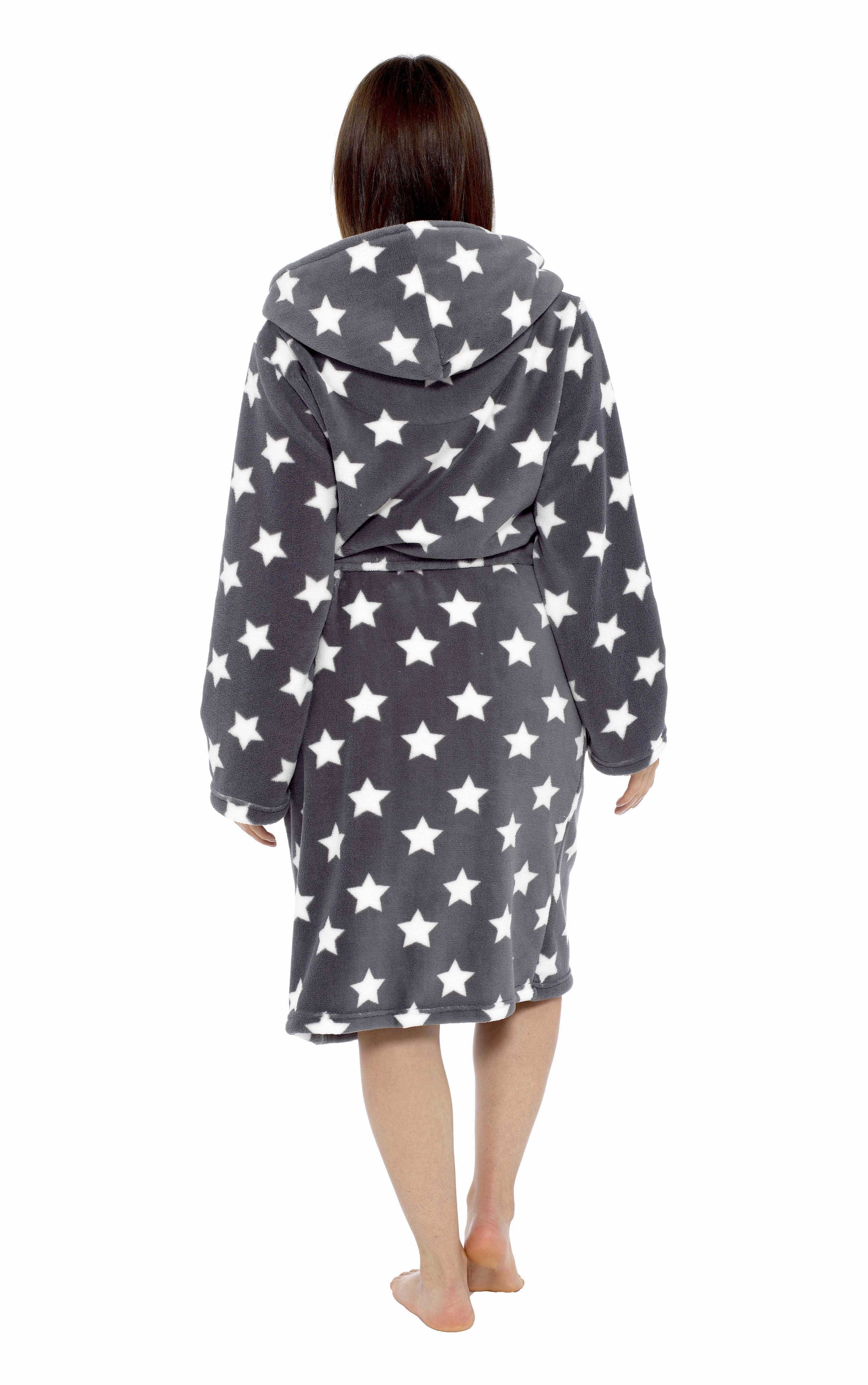 Star Bathrobe Women Winter Fleece Hooded Long Sleeve Pajama Ladies Robes  Zipper Thick Flannel Dressing Gown