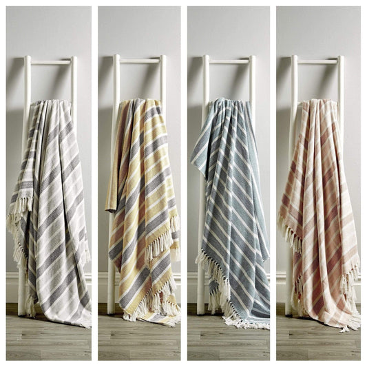 Stripe Handwoven Pure Cotton Throw Blanket with Tassells Eco-Friendly Perfect for Sofa Bed and Home Decor Available in Multiple Sizes and Calming Colours by OLIVIA ROCCO Throw