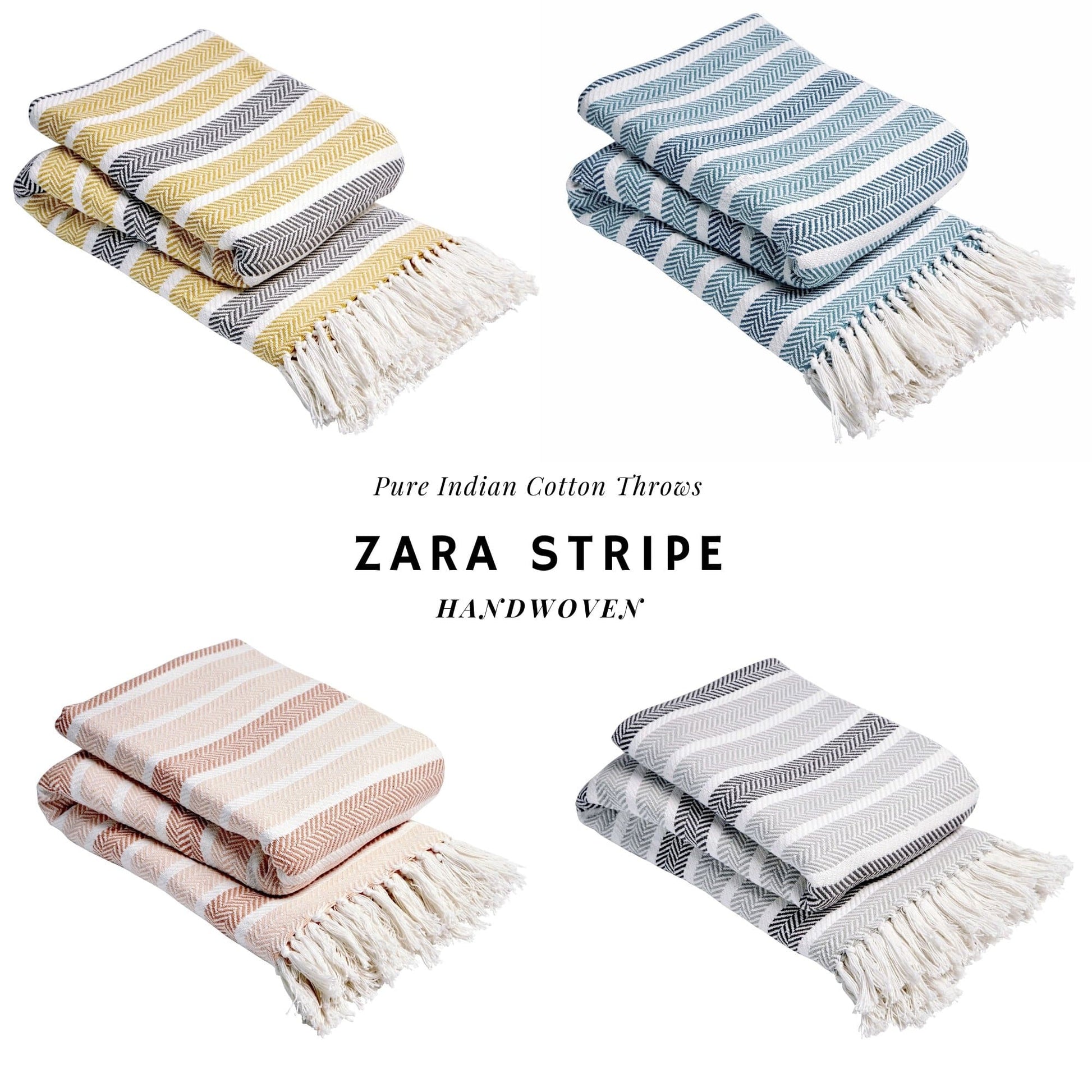Stripe Handwoven Pure Cotton Throw Blanket with Tassells Eco-Friendly Perfect for Sofa Bed and Home Decor Available in Multiple Sizes and Calming Colours by OLIVIA ROCCO Throw