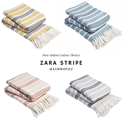 Stripe Handwoven Pure Cotton Throw Blanket with Tassells Eco-Friendly Perfect for Sofa Bed and Home Decor Available in Multiple Sizes and Calming Colours by OLIVIA ROCCO Throw