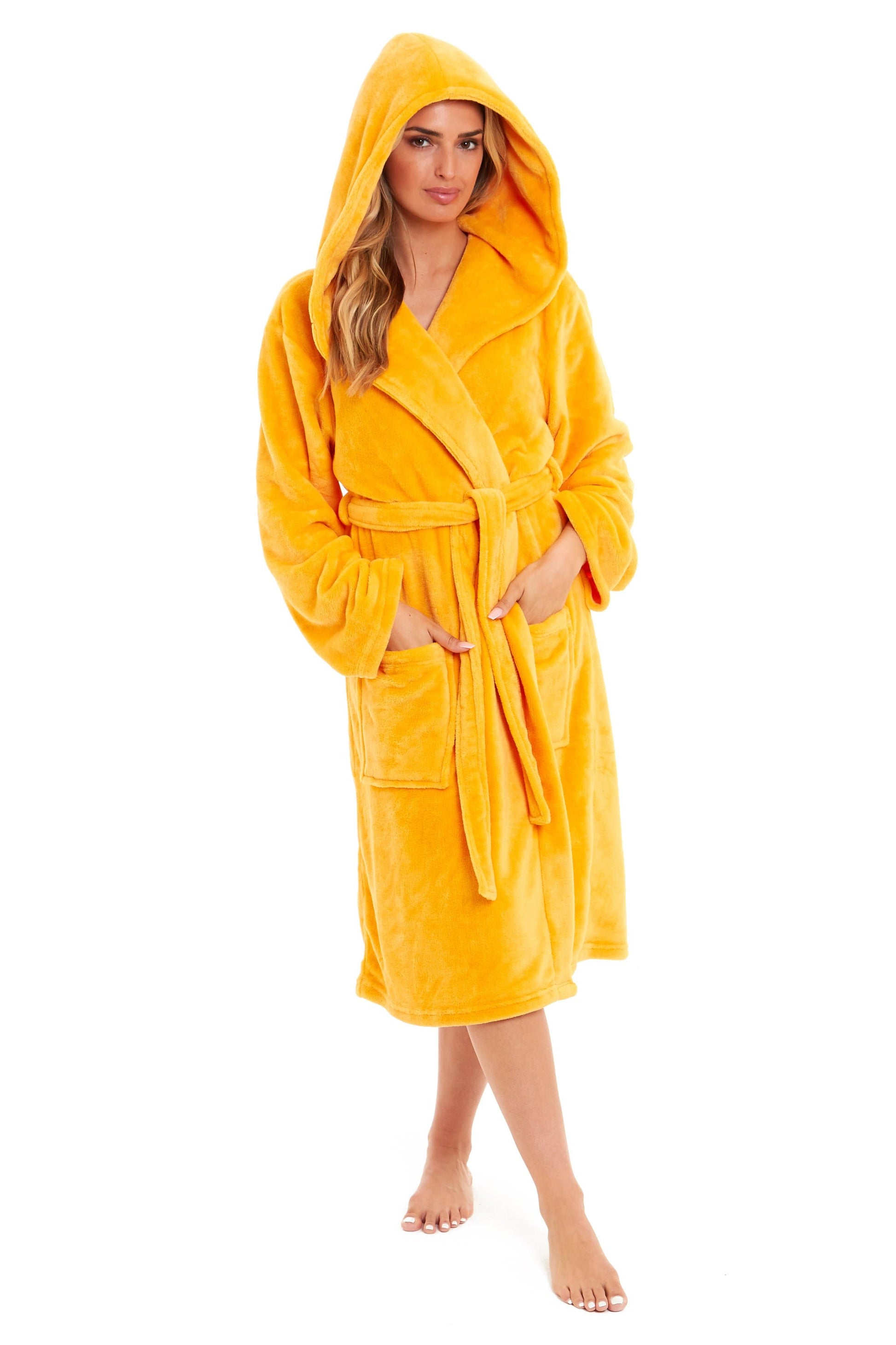 Super Soft Plush Fleece Hooded Dressing Gown SMALL | UK 8-10 / MUSTARD Daisy Dreamer Dressing Gown