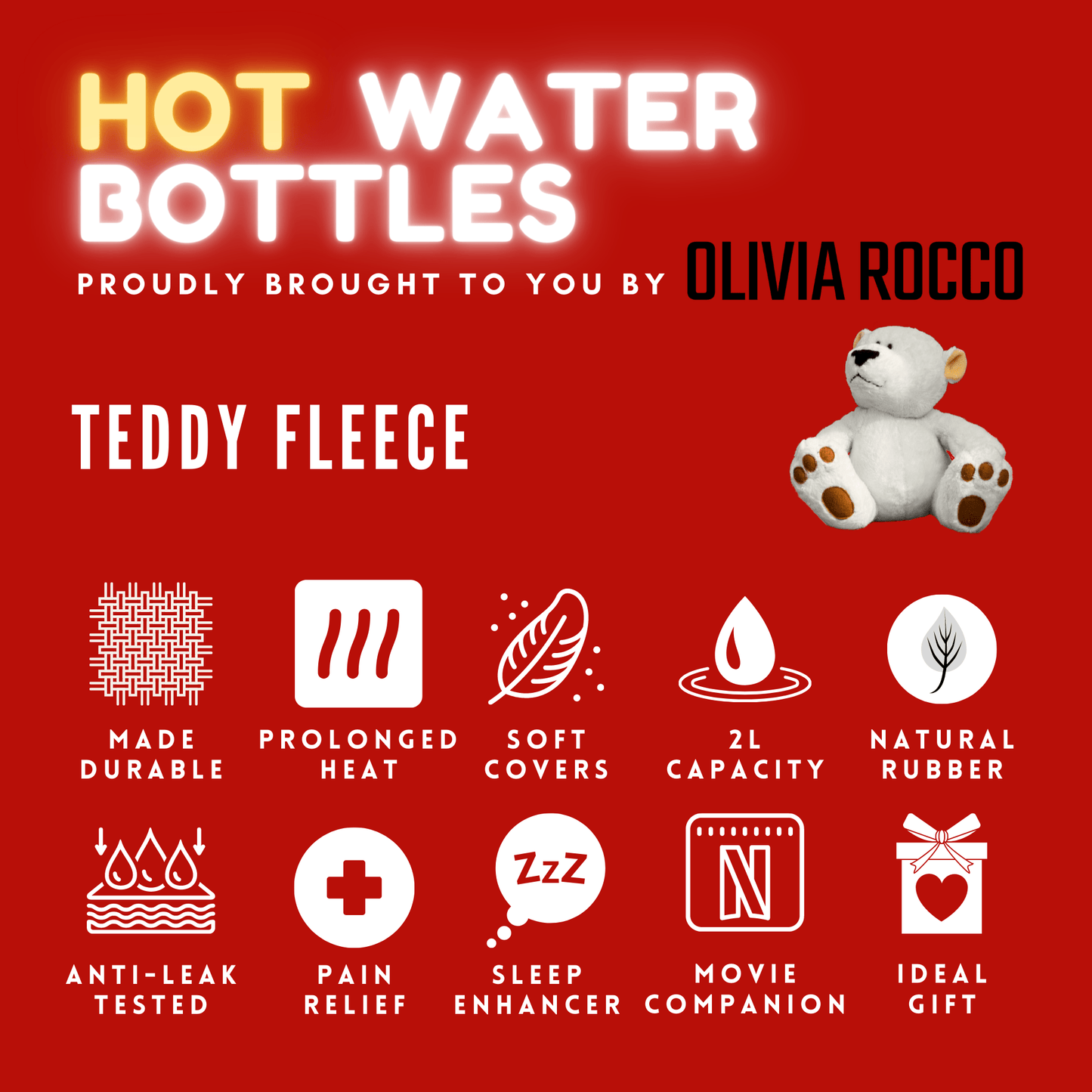 Teddy Fleece Hot Water Bottle With Pocket Hand Warmer, 2L Capacity OLIVIA ROCCO Hot Water Bottle