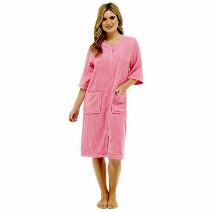Terry Towelling Zip Through Robe SMALL | UK 8-10 / PINK Daisy Dreamer Dressing Gown