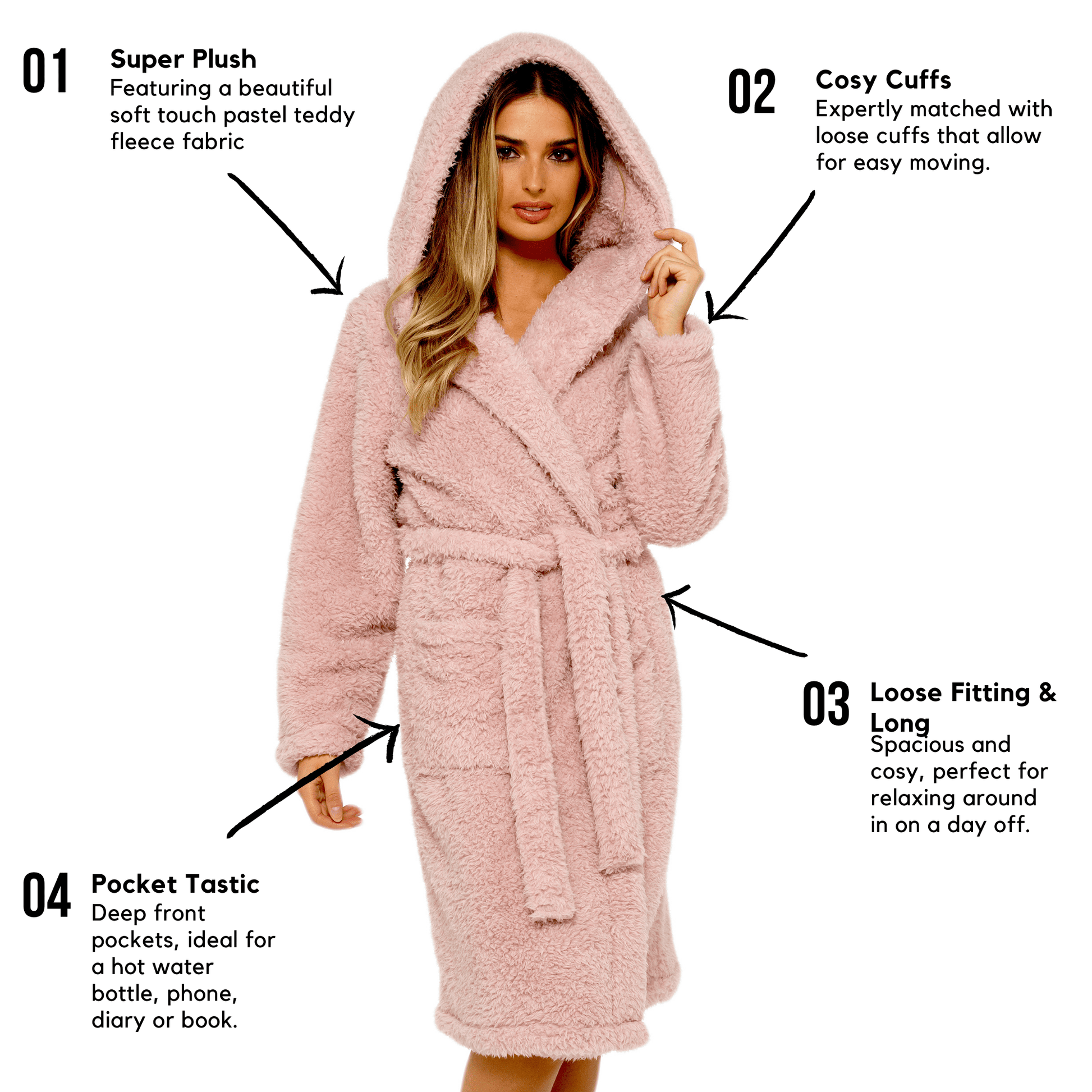 Dusky Pink Teddy Fleece Hooded Robe Dressing Gown Daisy Dreamer Dressing Gown