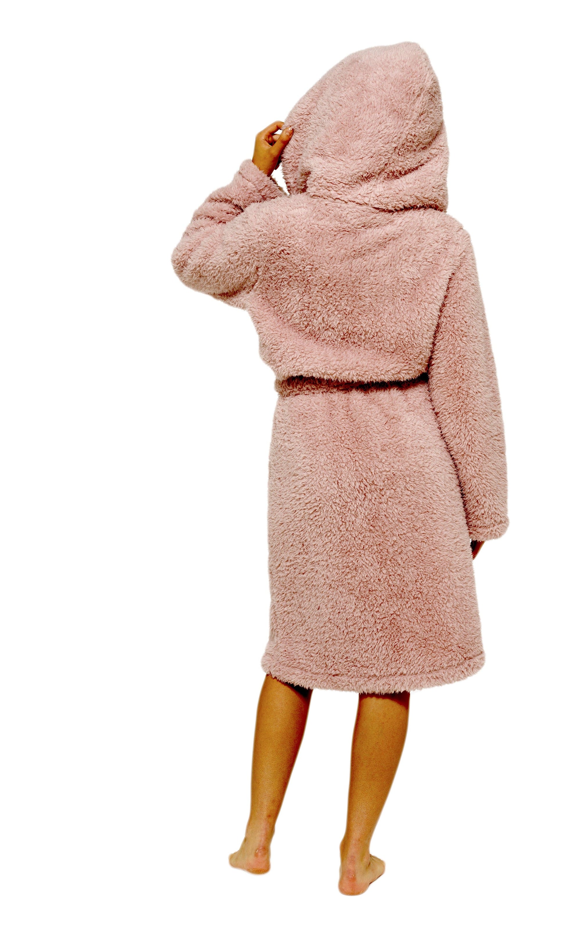 Women's Dusky Pink Teddy Fleece Hooded Robe with Sherpa Lining Ultra-Soft Cosy Dressing Gown for Winter Lounging Various Sizes by Daisy Dreamer SMALL