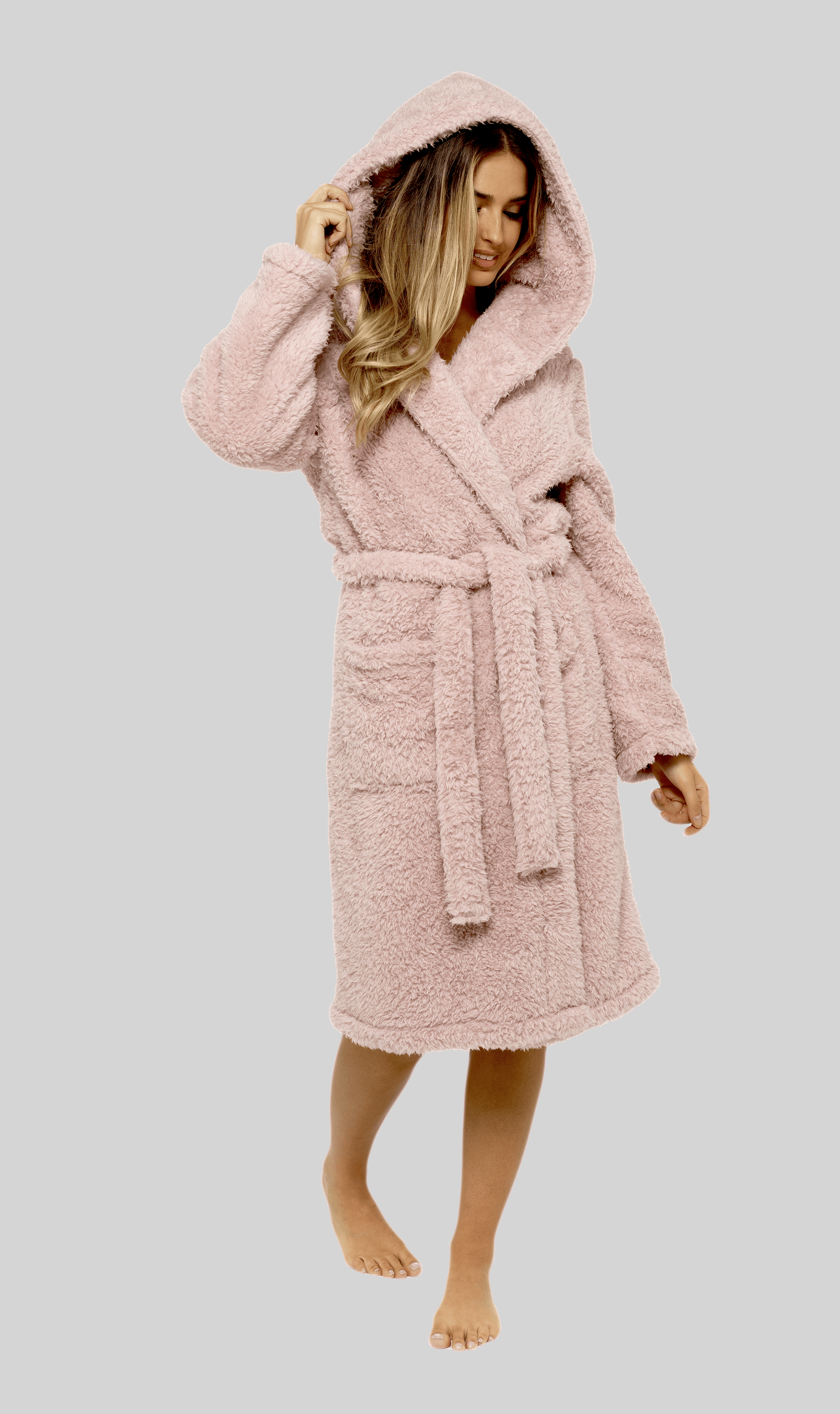 Dusky Pink Teddy Fleece Hooded Robe Dressing Gown SMALL | UK 8-10 Daisy Dreamer Dressing Gown