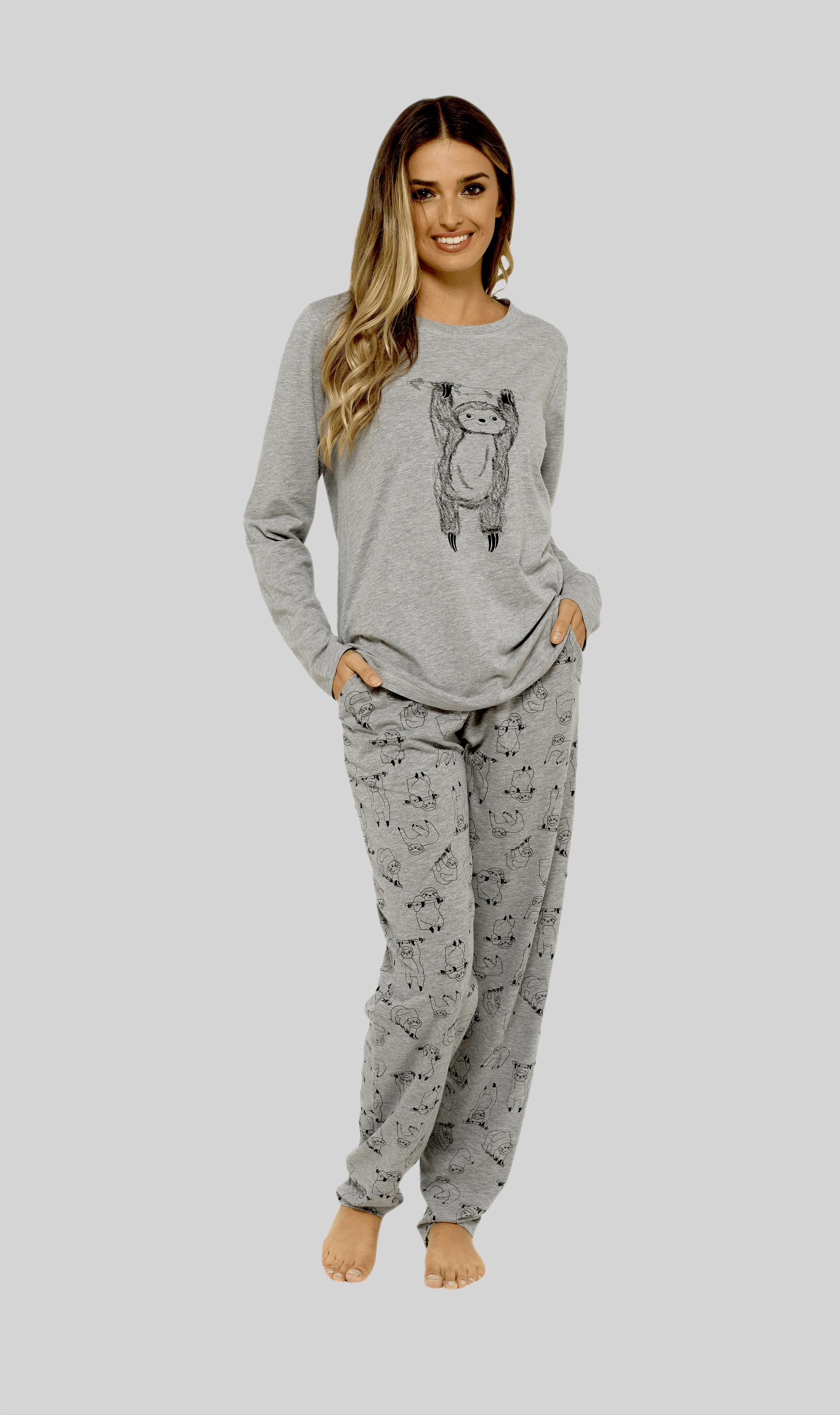Women's Grey Cotton Pyjama Set with Lazy Sloth Design Long Sleeve