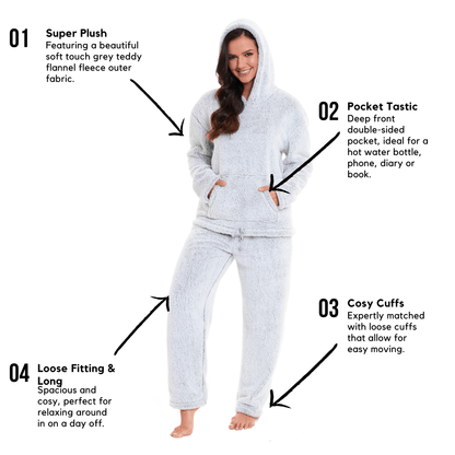 Women s Grey Plush Fleece Hooded Pyjama Set Soft Cosy Nightwear Teddy OLIVIA ROCCO