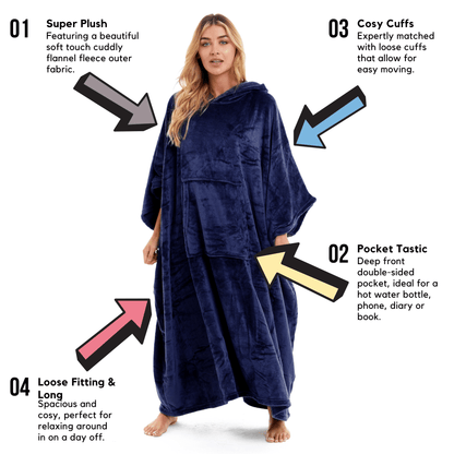 Women's Oversized Hooded Poncho Blanket, Navy & Charcoal Daisy Dreamer Hooded Blanket