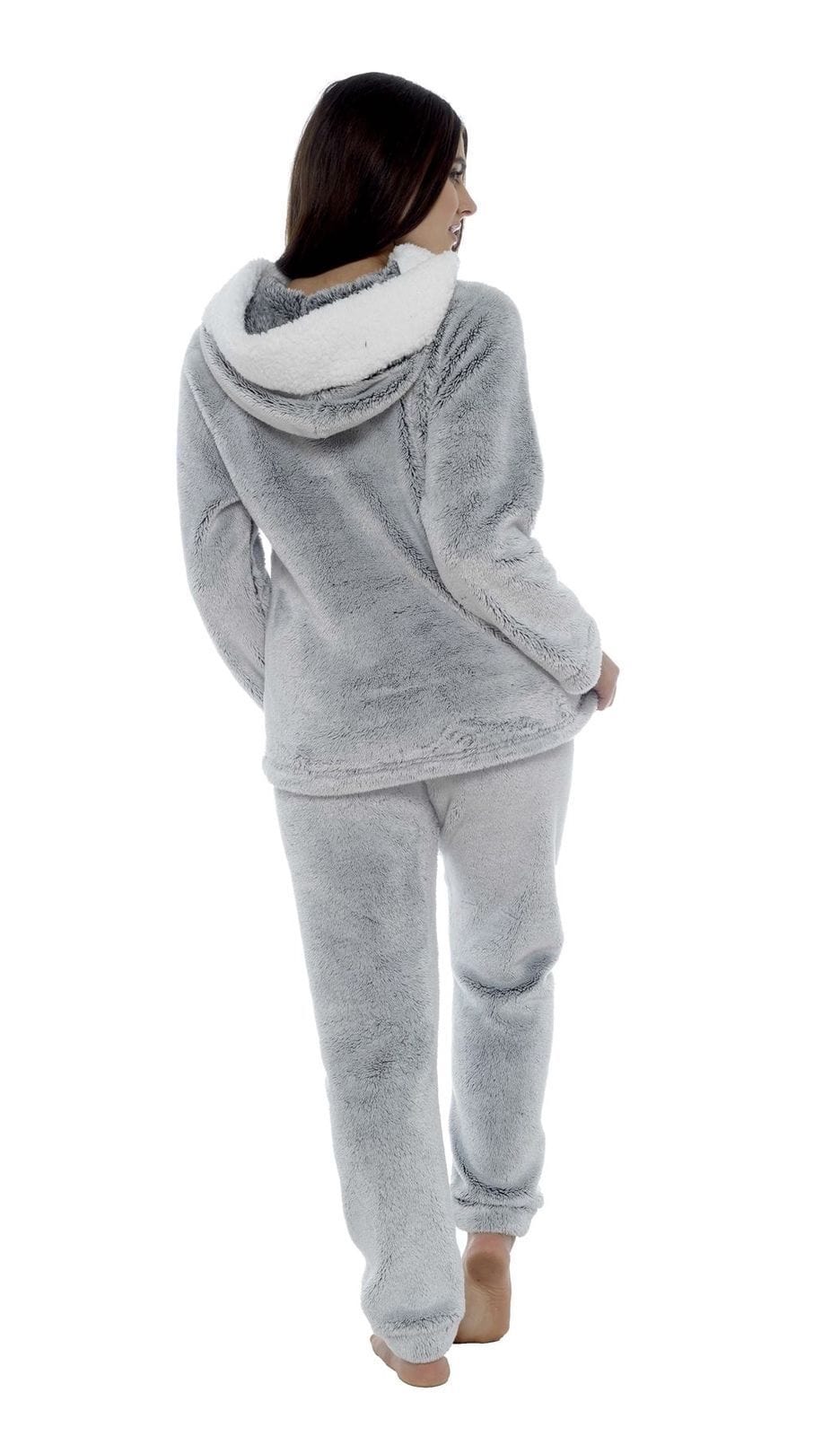 Women's Shimmer Grey Plush Fleece Hooded Pyjama Set with Sherpa