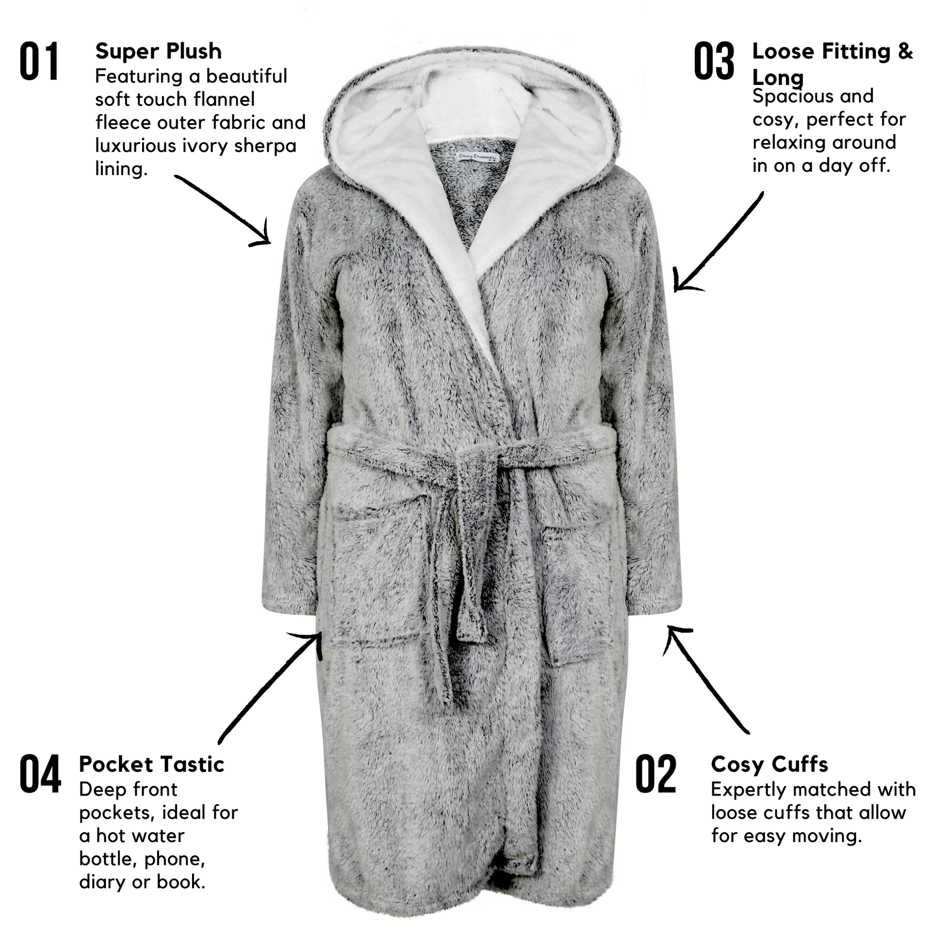 Women's Shimmer Grey Plush Fleece Hooded Robe with Ultra-Soft