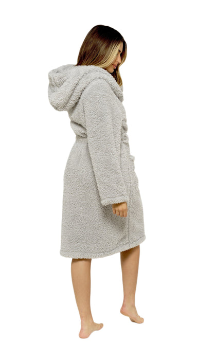 Soft Grey Teddy Fleece Hooded Robe Dressing Gown Daisy Dreamer Dressing Gown