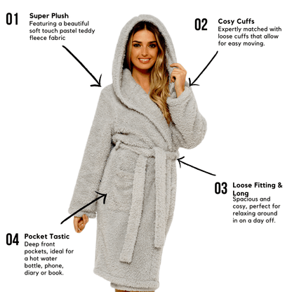 Soft Grey Teddy Fleece Hooded Robe Dressing Gown Daisy Dreamer Dressing Gown