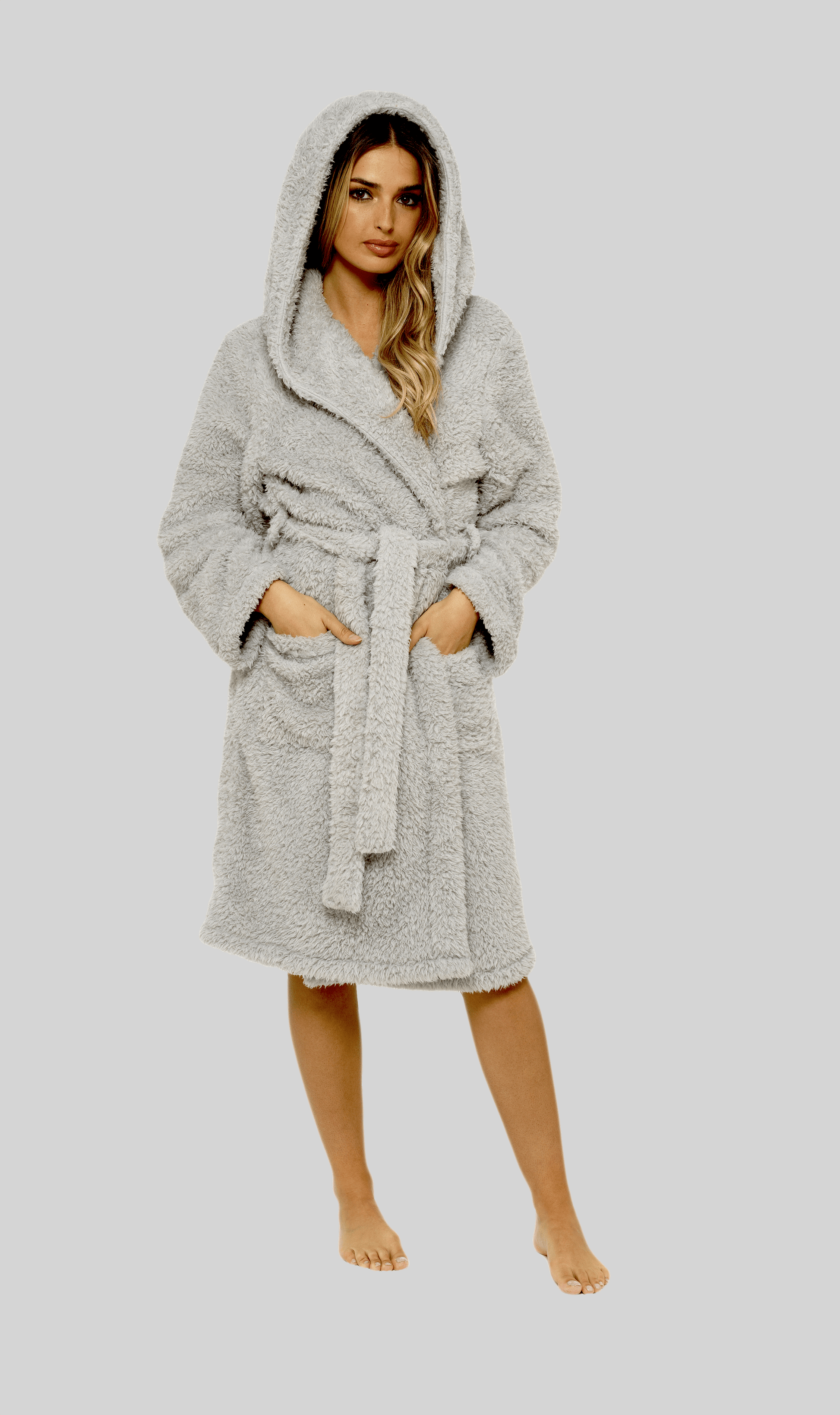 Women's Soft Grey Teddy Fleece Hooded Robe Ultra-Soft Sherpa Lined