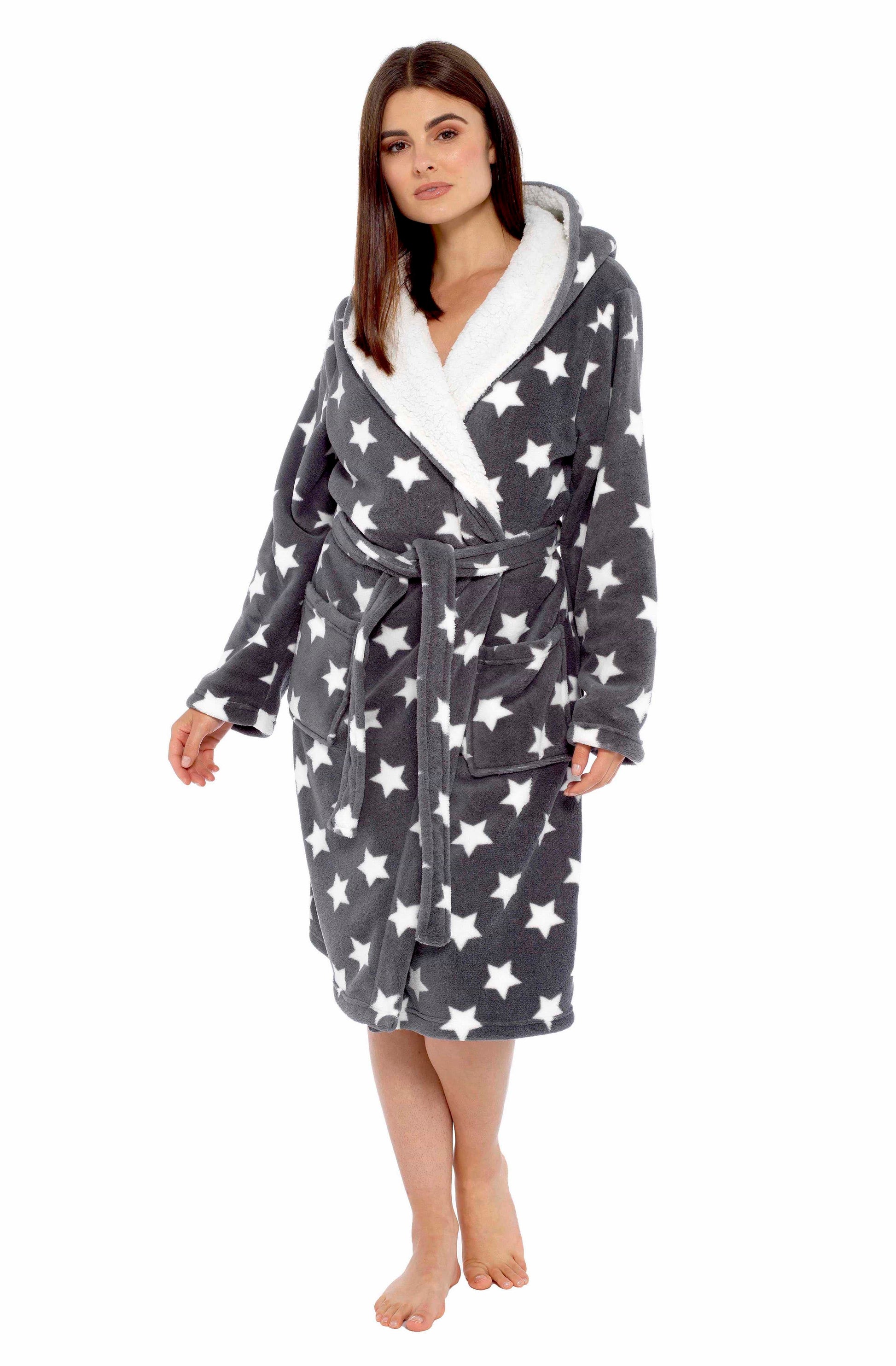 Women's Star Grey Hooded Plush Fleece Robe with Ultra Soft Sherpa Fur Lining and Stylish Star Pattern by Daisy Dreamer Dressing Gown