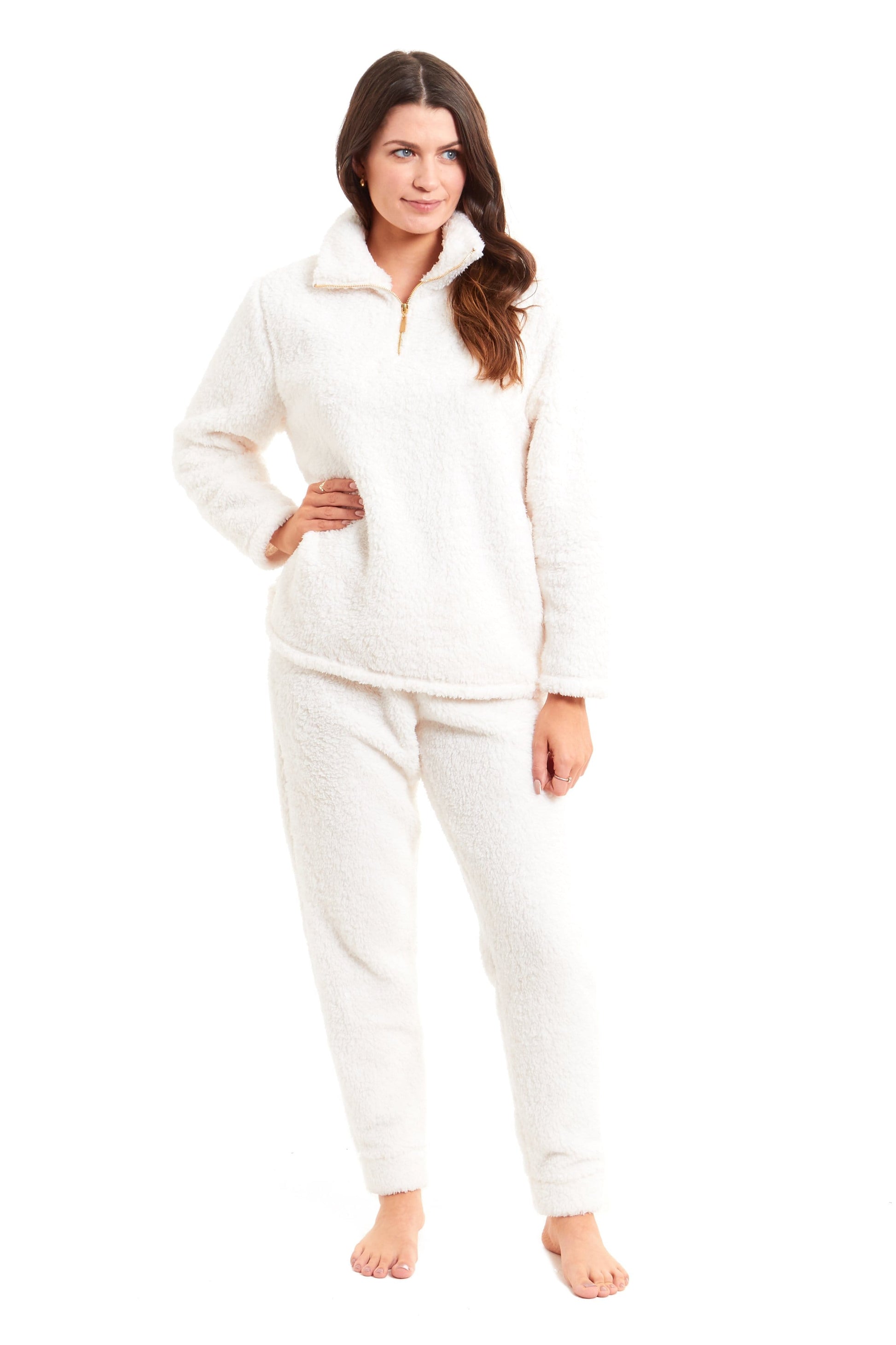 Teddy Fleece Lounge Set Fluffy Cosy Zip Pyjama SMALL | UK 8-10 / CREAM Daisy Dreamer Pyjamas