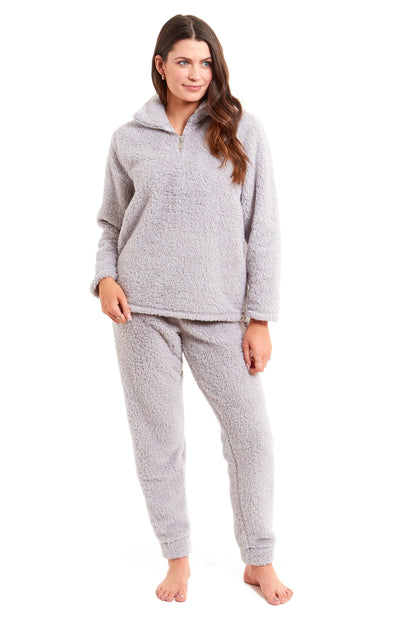 Teddy Fleece Lounge Set Fluffy Cosy Zip Pyjama SMALL | UK 8-10 / GREY Daisy Dreamer Pyjamas