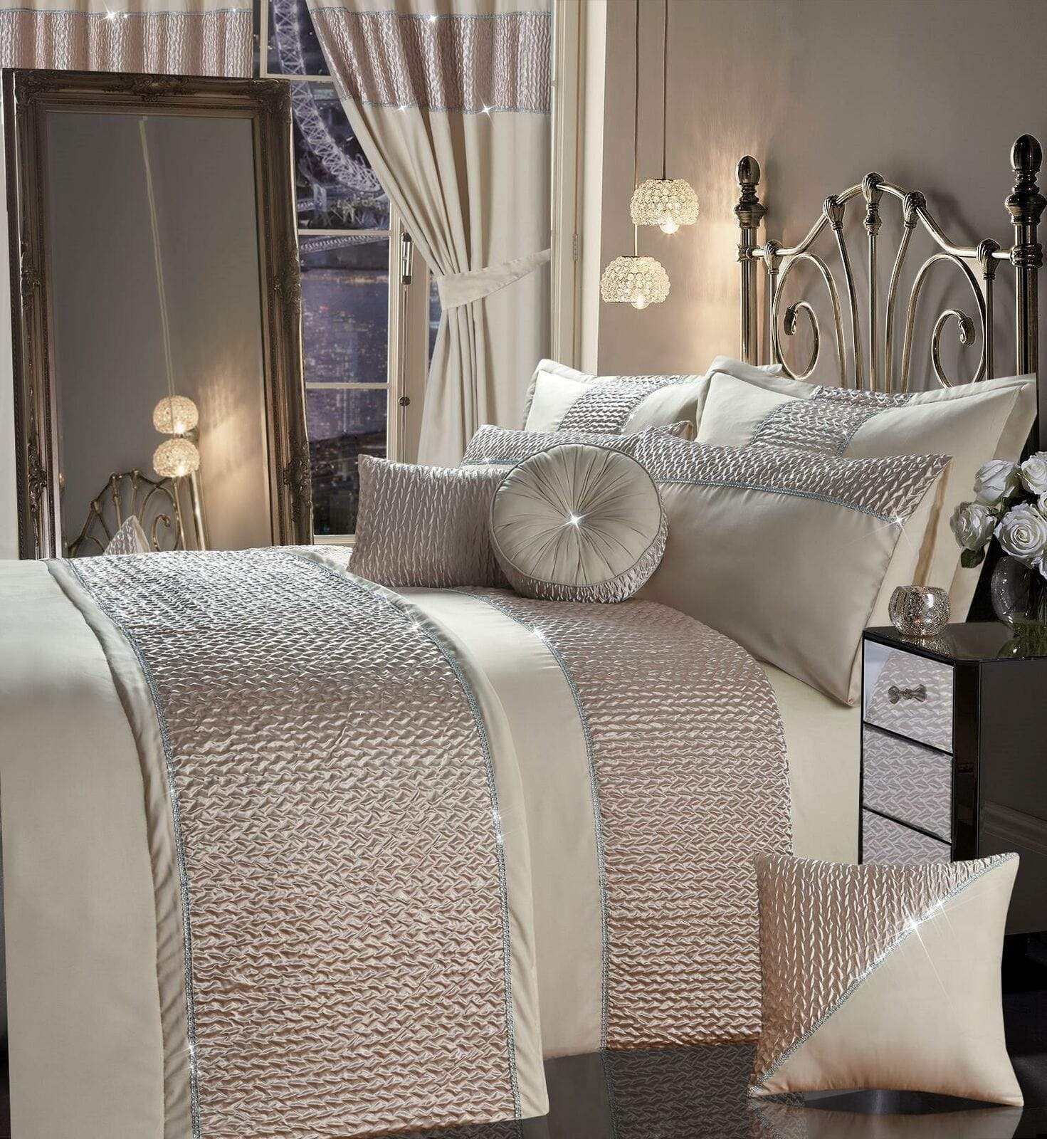 Zenia Luxurious Duvet Cover Set with Quilted Trim and Diamante Detailing  Available in Single Double Kingb and Super King Sizes by OLIVIA ROCCO CHAMPAGNE / SINGLE Duvet Cover
